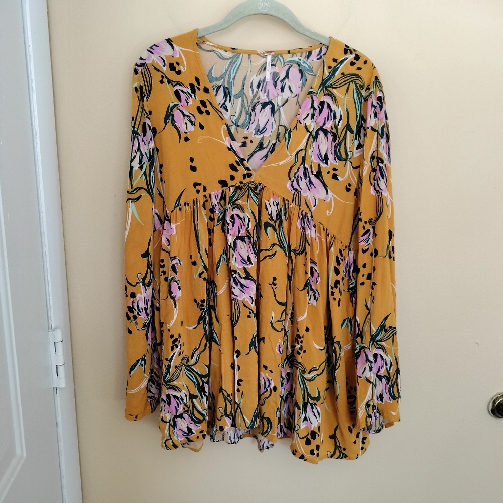 Free People Bella Golden Yellow floral Babydoll Top High Low Hem S Boho